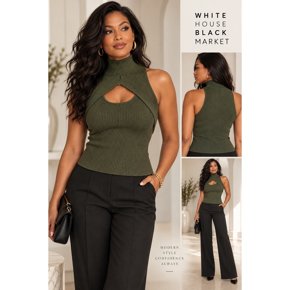 White House Black Market Ribbed Cutout Mock Neck Sweater Top Large Olive Green